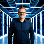 A professional network engineer, fully clothed in a modest, smart casual outfit, standing confidently in a sleek, futuristic data center. The background features glowing server racks and abstract, interconnected light trails visualizing complex data pathways and network traffic. The overall impression is one of secure, high-performance infrastructure and advanced system architecture. Perfect anatomy, correct proportions, natural pose, well-formed hands, proper finger count, natural body proportions. Professional photography, high-resolution, safe for work, appropriate content, family-friendly.