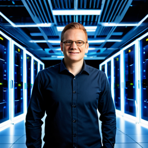 Home 4 A professional network engineer, fully clothed in a modest, smart casual outfit, standing confidently in a sleek, futuristic data center. The background features glowing server racks and abstract, interconnected light trails visualizing complex data pathways and network traffic. The overall impression is one of secure, high-performance infrastructure and advanced system architecture. Perfect anatomy, correct proportions, natural pose, well-formed hands, proper finger count, natural body proportions. Professional photography, high-resolution, safe for work, appropriate content, family-friendly.