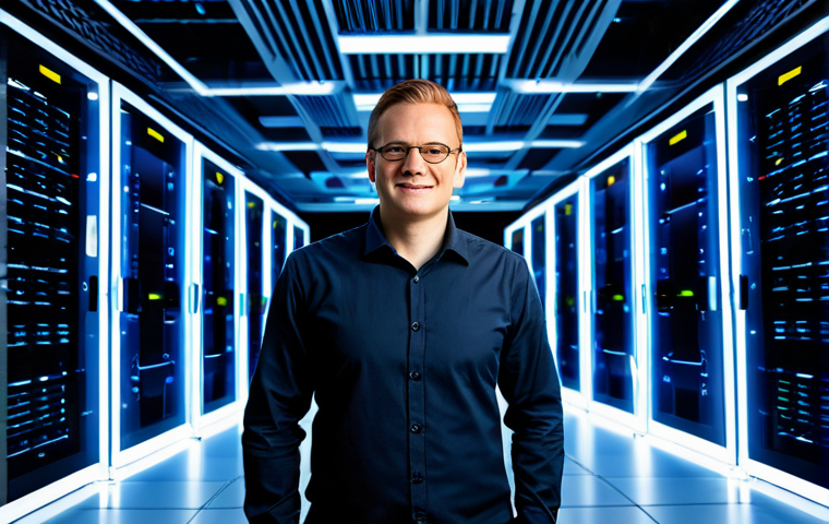 A professional network engineer, fully clothed in a modest, smart casual outfit, standing confidently in a sleek, futuristic data center. The background features glowing server racks and abstract, interconnected light trails visualizing complex data pathways and network traffic. The overall impression is one of secure, high-performance infrastructure and advanced system architecture. Perfect anatomy, correct proportions, natural pose, well-formed hands, proper finger count, natural body proportions. Professional photography, high-resolution, safe for work, appropriate content, family-friendly.
