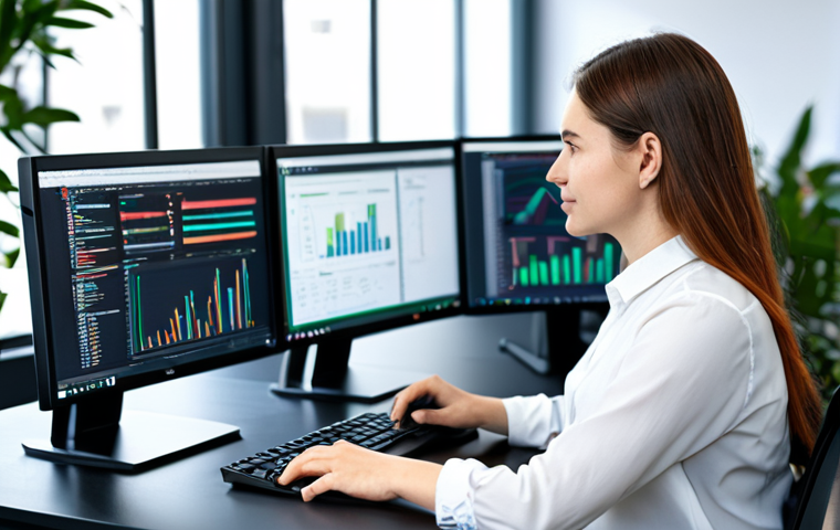 **
A professional female software engineer in a modern, brightly lit office. She's wearing a stylish but modest blouse and trousers, sitting at a clean desk with multiple monitors. Code is visible on one screen. Background includes blurred office activity and plants. Perfect anatomy, correct proportions, natural pose, well-formed hands, proper finger count. Safe for work, appropriate content, fully clothed, professional.
**