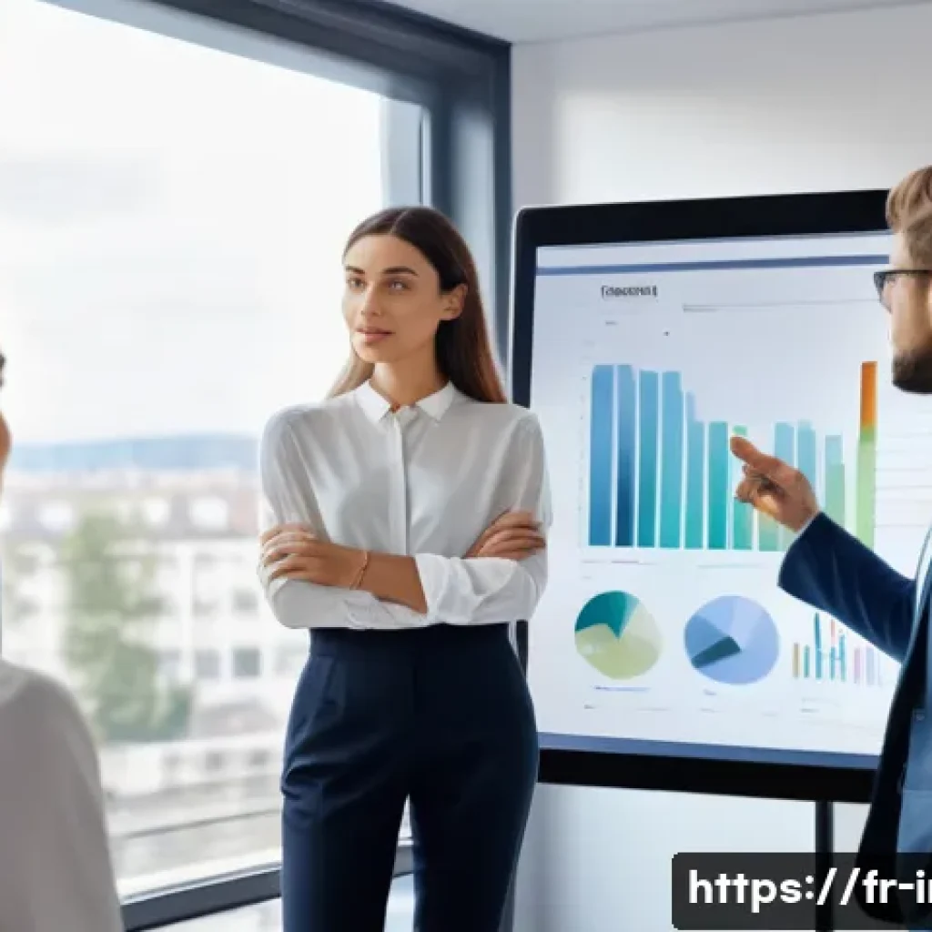 정보처리 자격증 취득 후 경력 전환 성공기 - A modern French office environment with a young professional woman confidently presenting a data man...