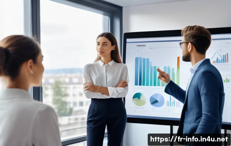정보처리 자격증 취득 후 경력 전환 성공기 - A modern French office environment with a young professional woman confidently presenting a data man...