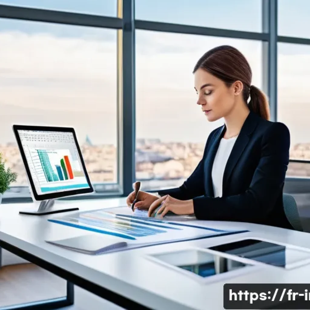 정보처리 자격증 취득 후 현업 적용 성공 사례 - A modern French office environment showcasing a professional woman in business attire working at a s...