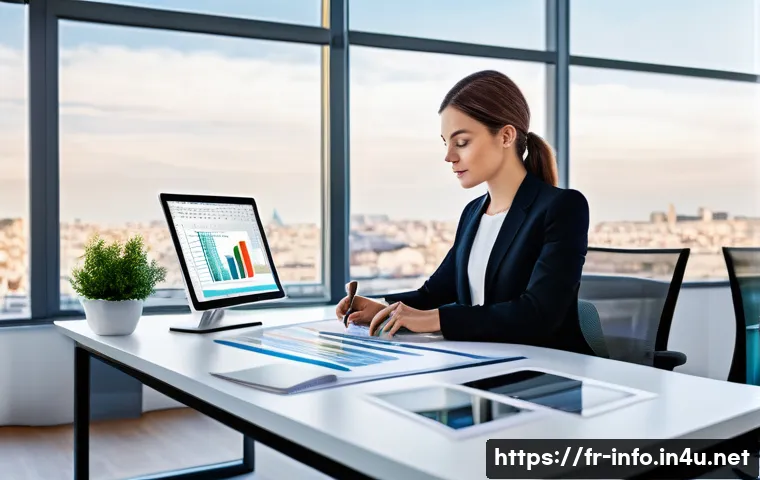 정보처리 자격증 취득 후 현업 적용 성공 사례 - A modern French office environment showcasing a professional woman in business attire working at a s...