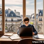 정보처리 실기 과목별 모범 답안 작성법 - A modern French student sitting at a tidy wooden desk in a cozy Parisian apartment, focused on writi...