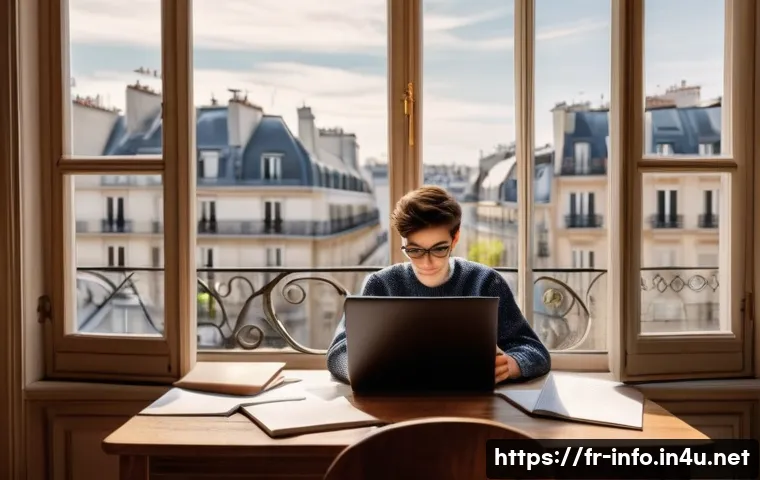 정보처리 실기 과목별 모범 답안 작성법 - A modern French student sitting at a tidy wooden desk in a cozy Parisian apartment, focused on writi...